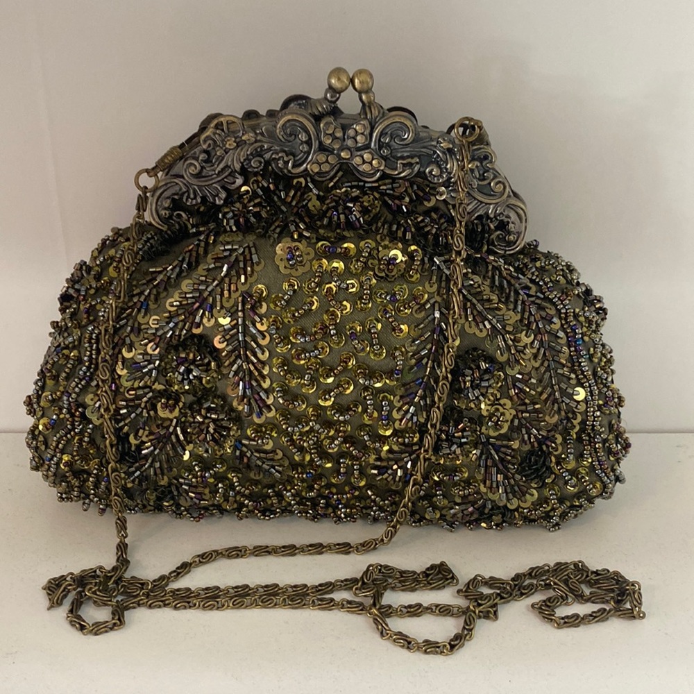 COPY - Inspired vintage Victorian olive green beaded purse with chain.